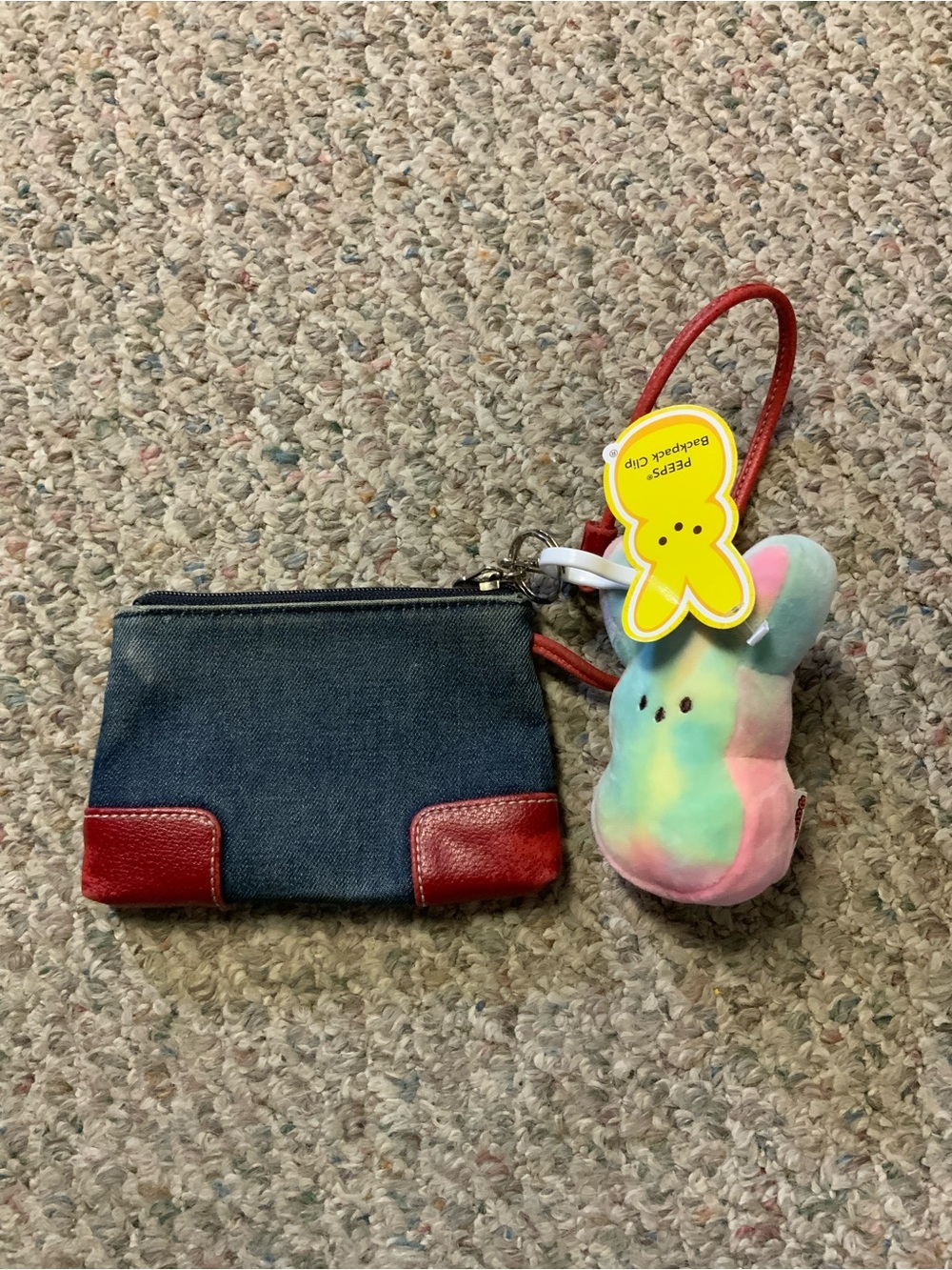 Denim Wristlet Wallet with Red Leather Trim and Pastel Bunny Charm